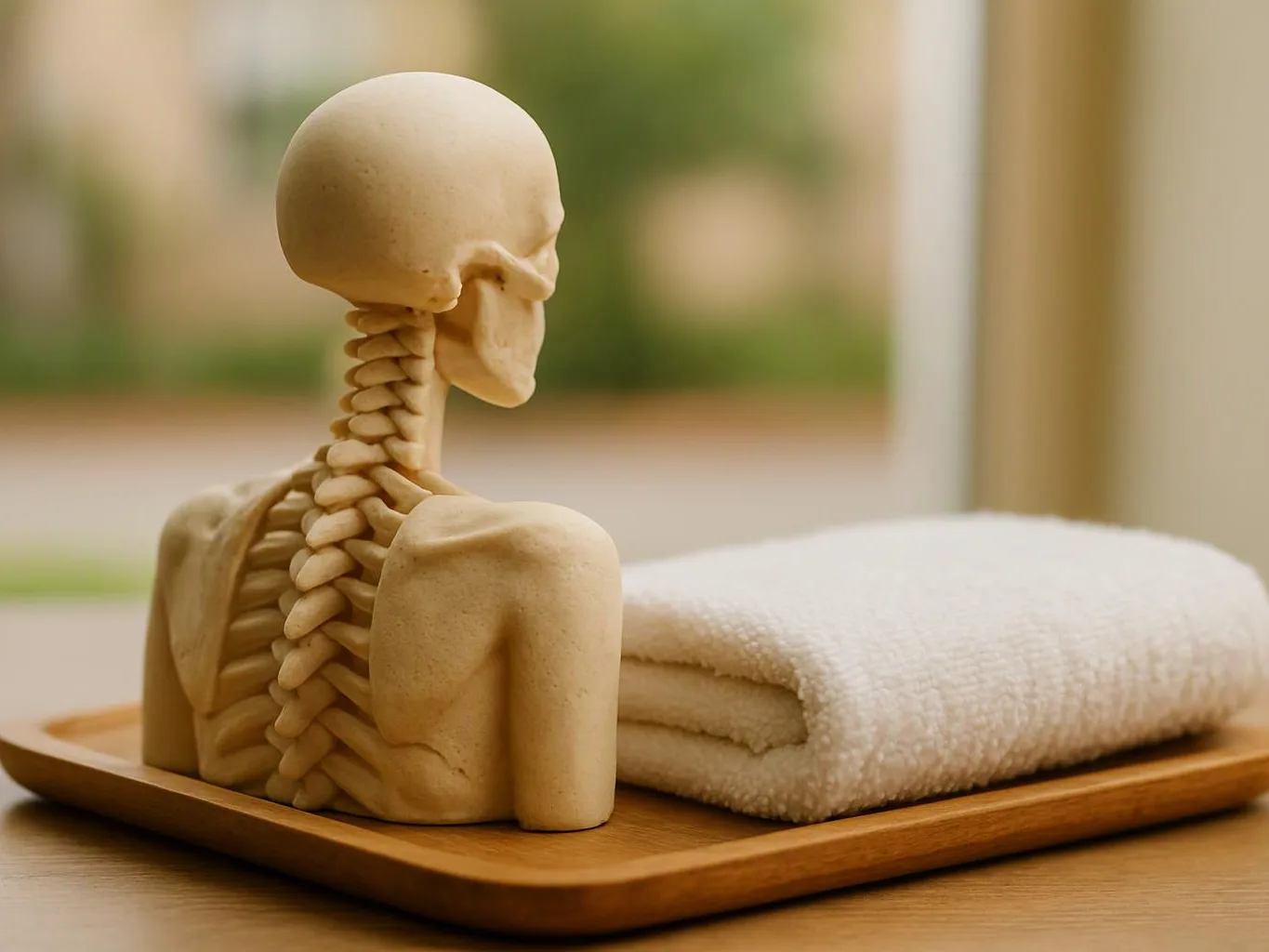 A skeletal torso sculpture sits on a wooden tray beside a folded white towel, with a soft indoor background