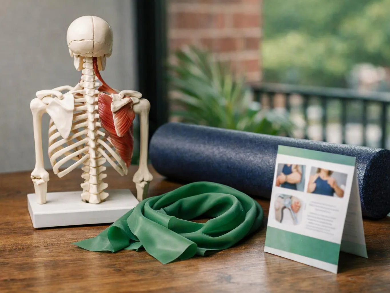 A skeleton anatomy model, foam roller, green resistance band, and instruction card sit on a wooden table near a window