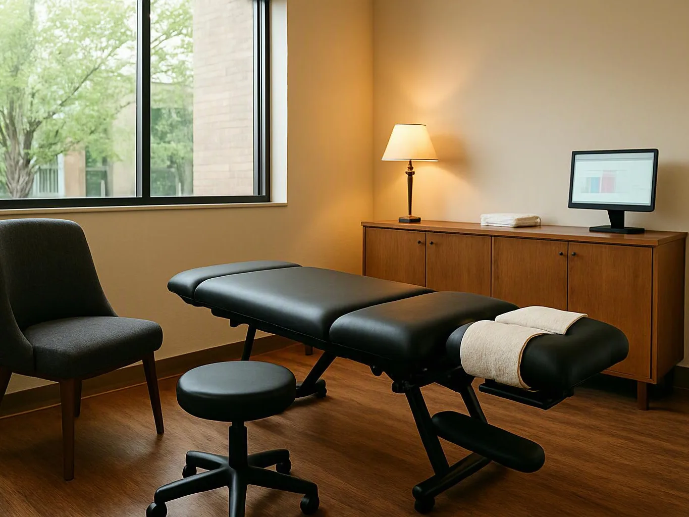 A small exam room holds a black treatment table, chair, stool, lamp, cabinet, and window with trees outside