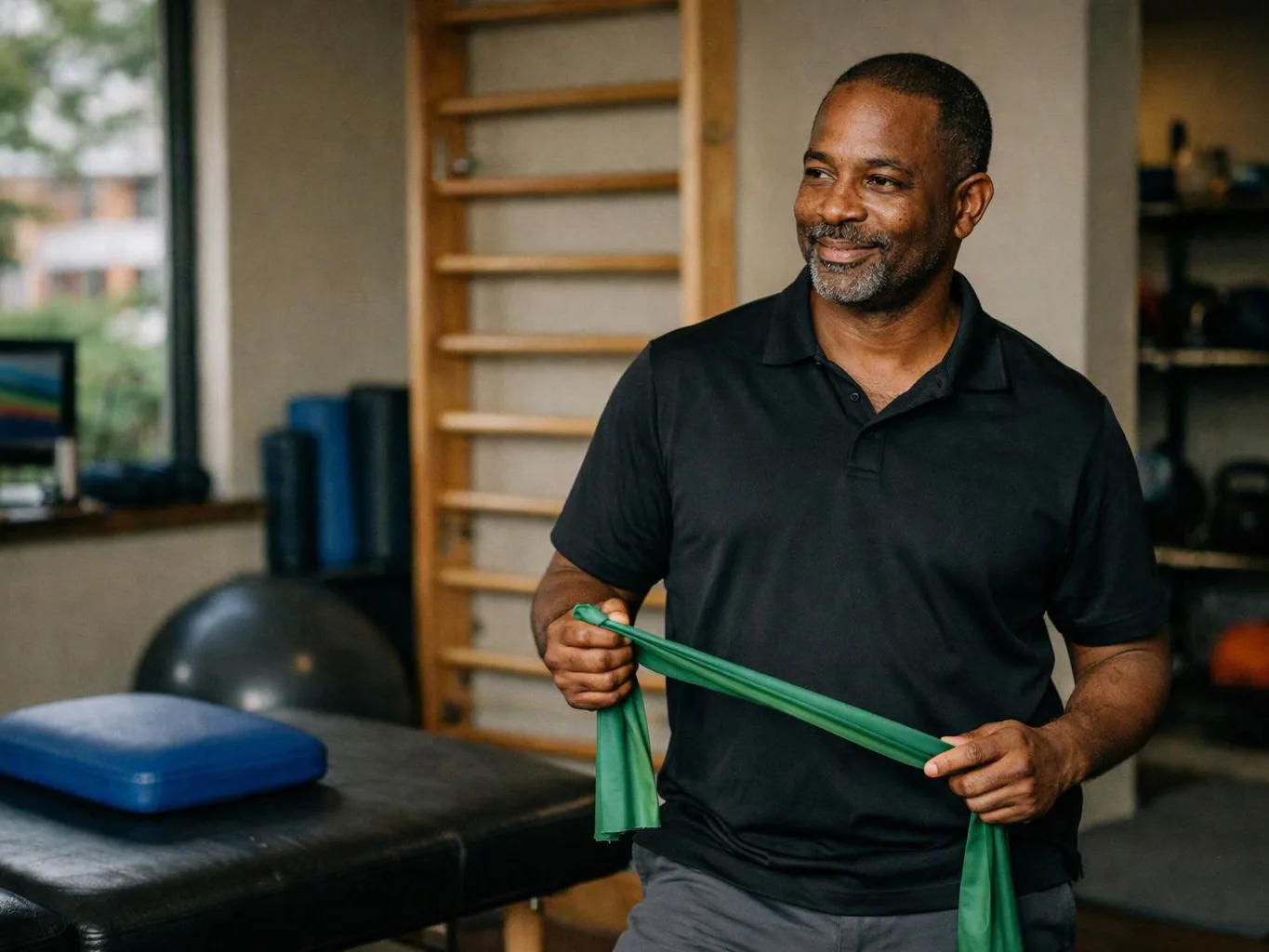 A smiling man in a black polo stretches a green resistance band in a gym room