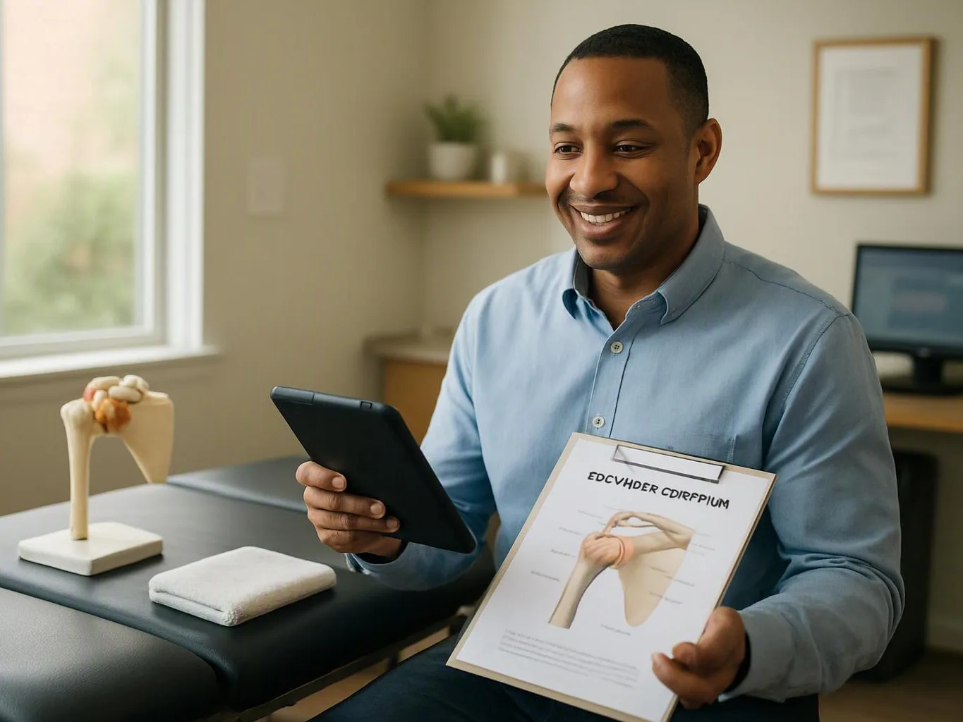 A smiling man in a clinic office holds a tablet and a clipboard with a shoulder joint diagram