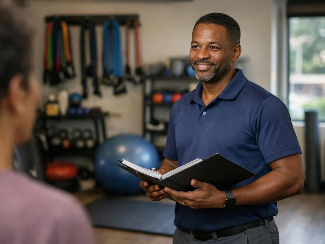 A smiling man holds an open notebook in a gym, facing someone out of focus near workout equipment