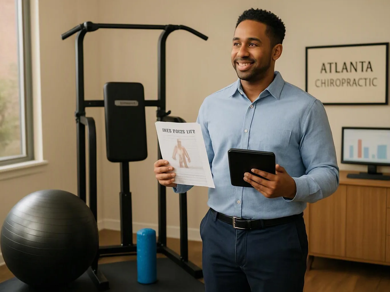 A smiling man holds a tablet and paper in a small clinic room with exercise equipment and framed charts