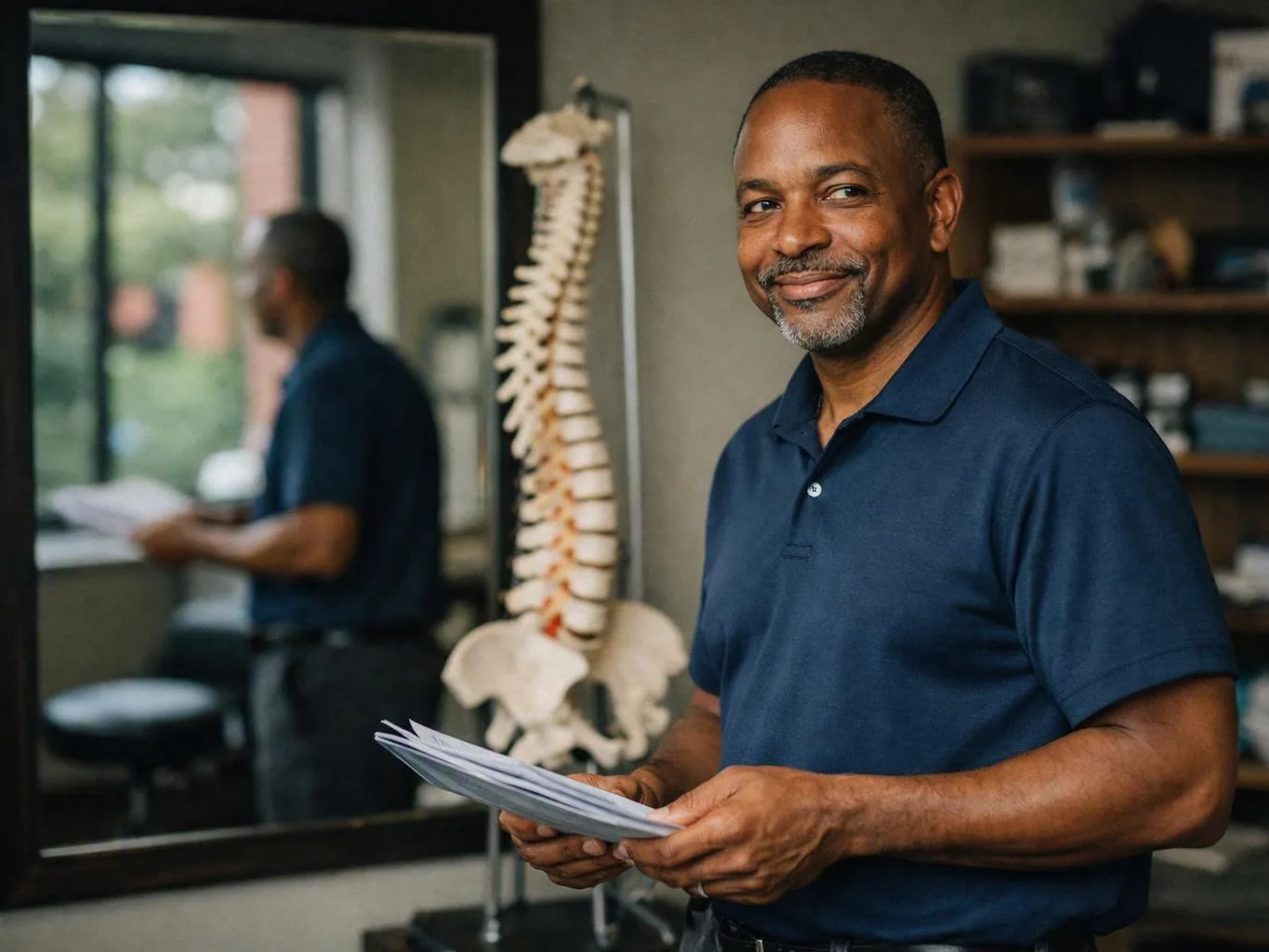 A smiling man in a navy polo holds papers beside a spine model in a clinic room