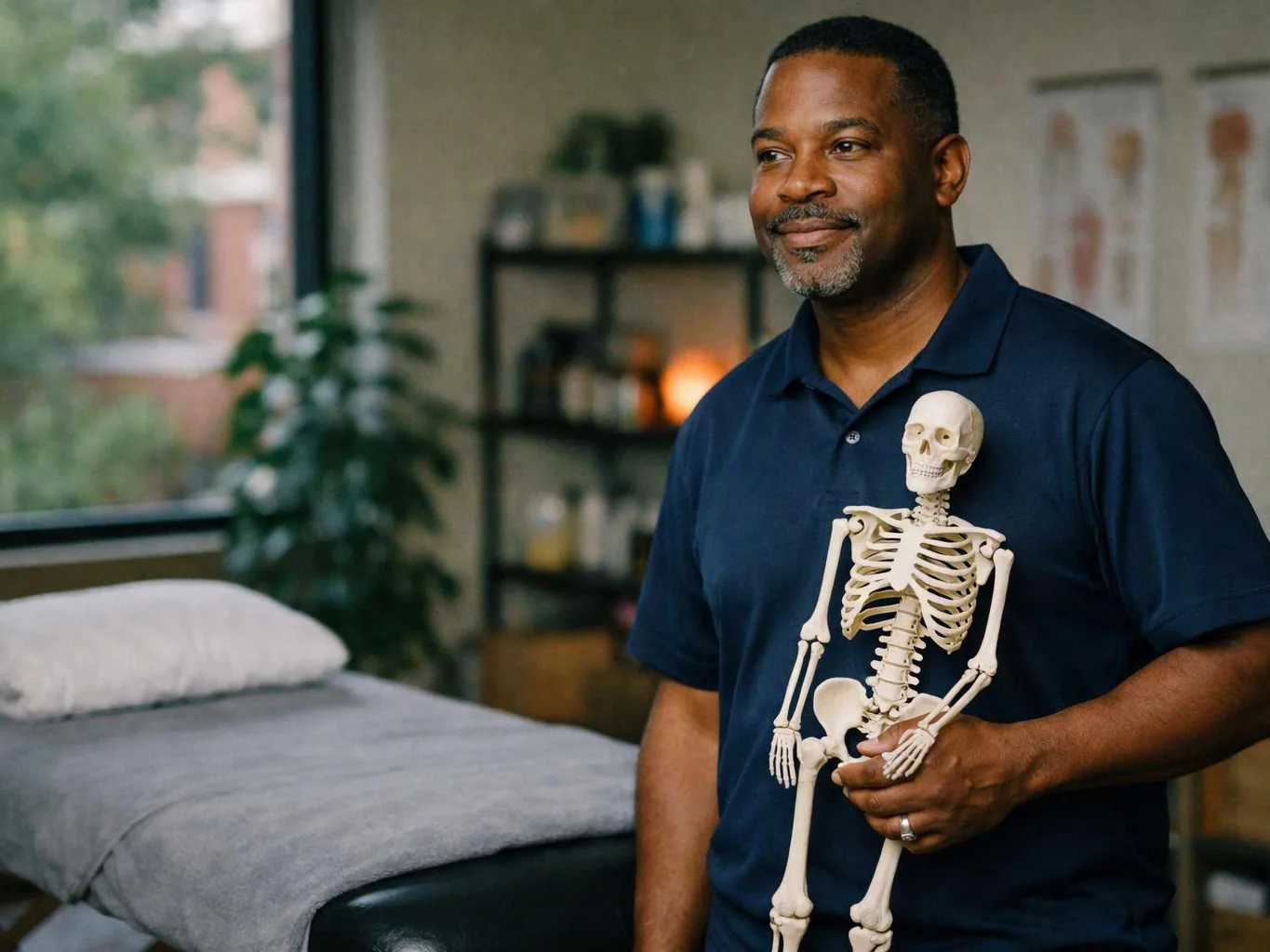 A smiling man in a navy polo holds a small skeleton model beside a massage table in a clinic room