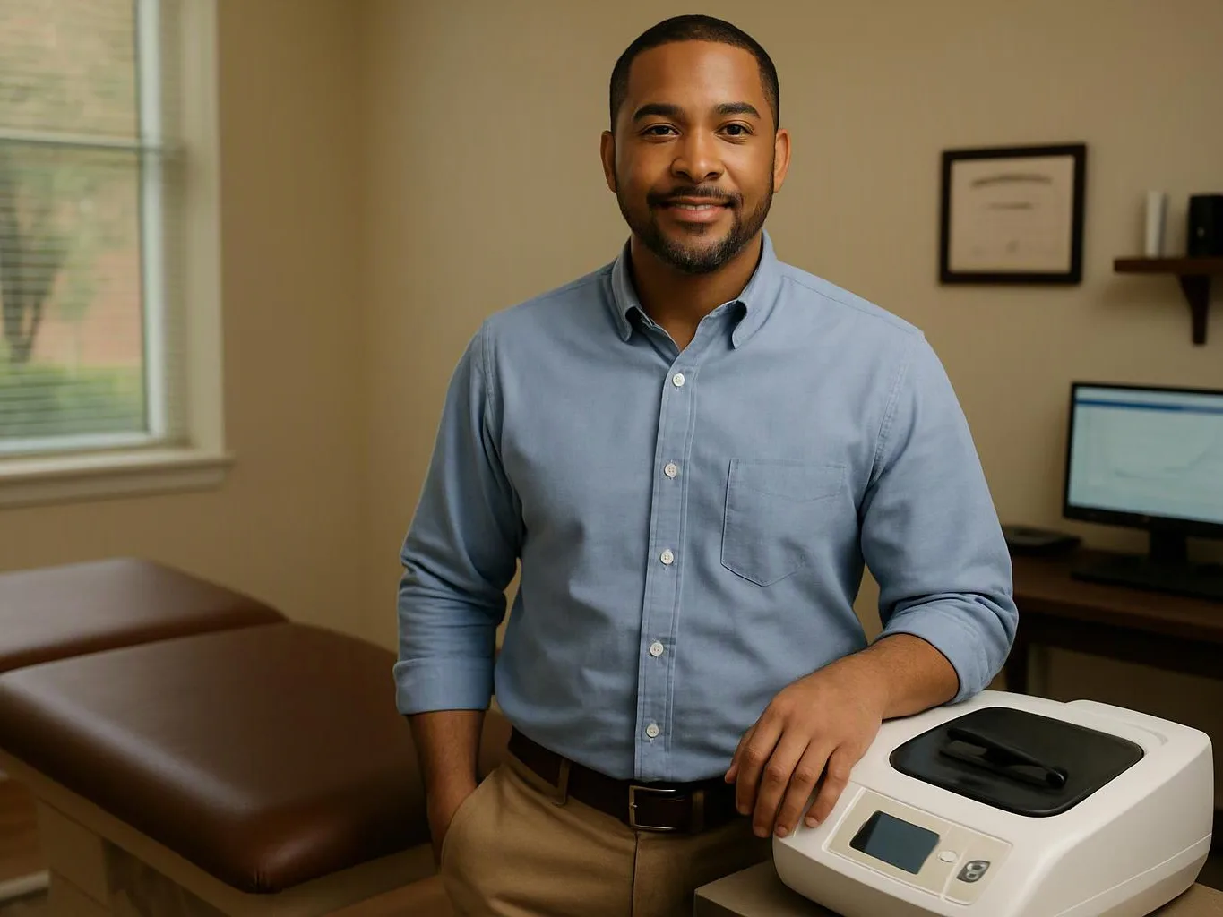 A smiling man stands beside a medical device in a treatment room with an exam table and computer monitor