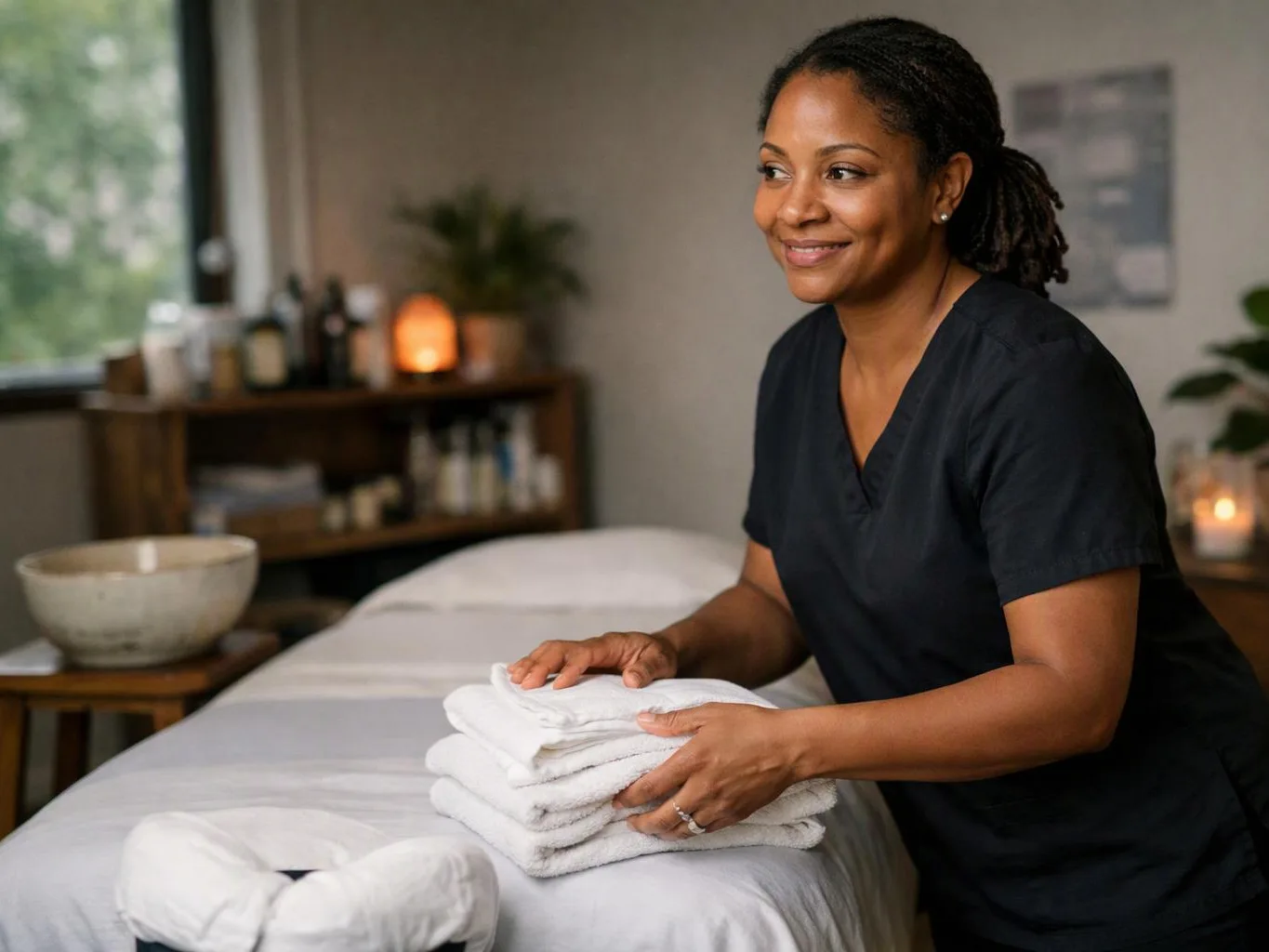 A smiling woman in black scrubs folds white towels beside a massage table in a calm treatment room