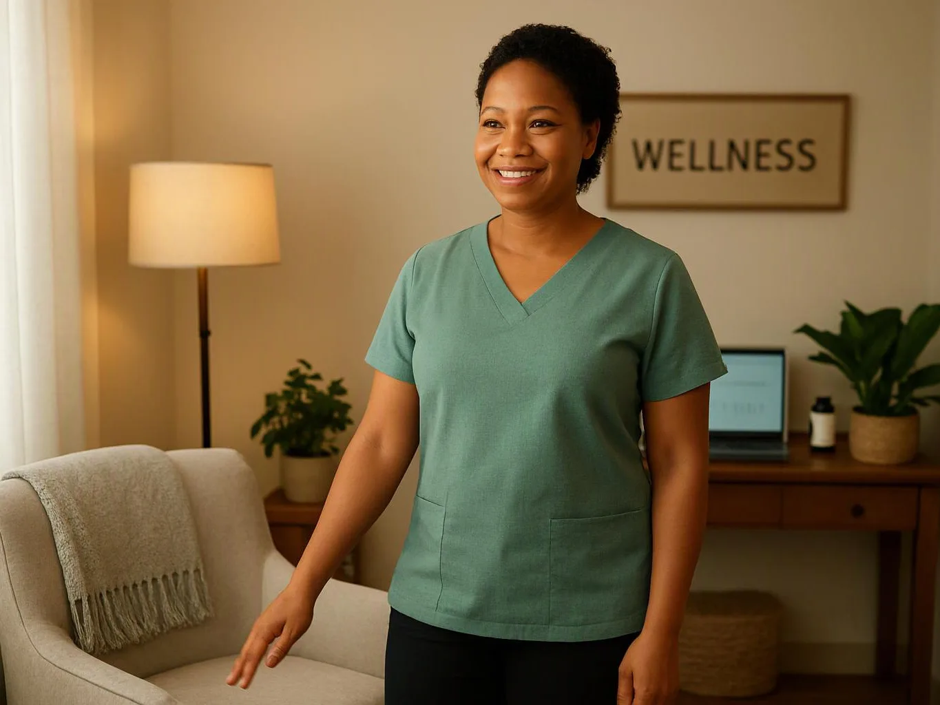 A smiling woman in green scrubs stands beside a chair in a cozy room with a lamp, desk, plants, and a wellness sign