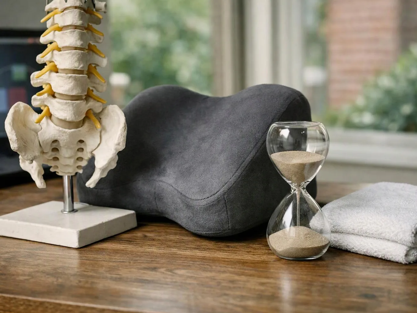 A spinal model, gray cushion, hourglass, and folded towel sit on a wooden table by a window