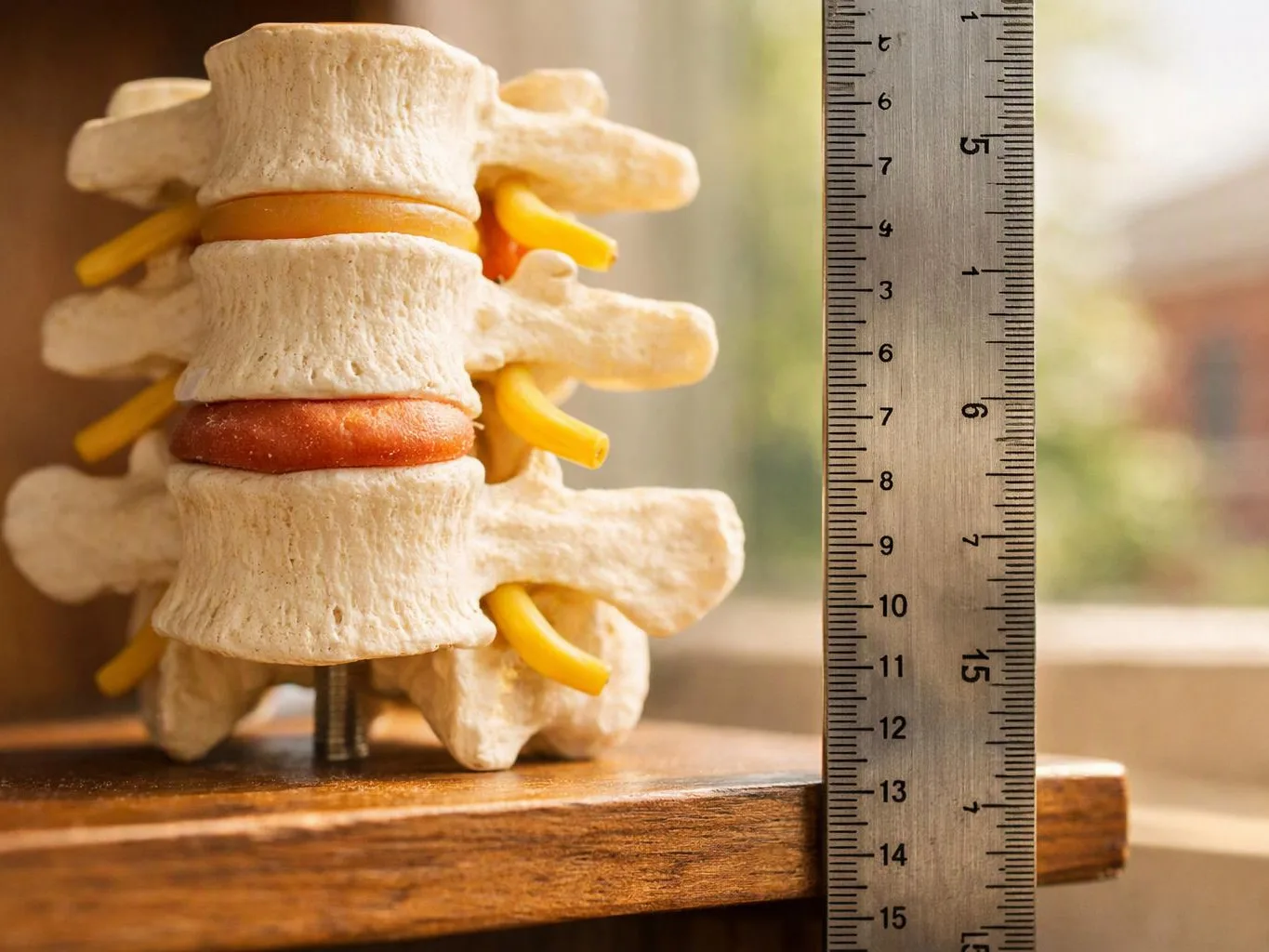 A spinal model sits beside a metal ruler on a wooden table with sunlight behind it