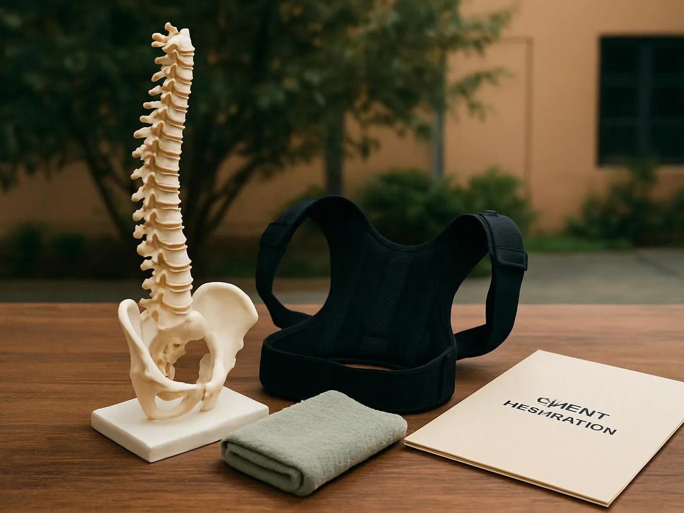A spine model, black back brace, folded gray cloth, and labeled booklet sit on a wooden table outdoors