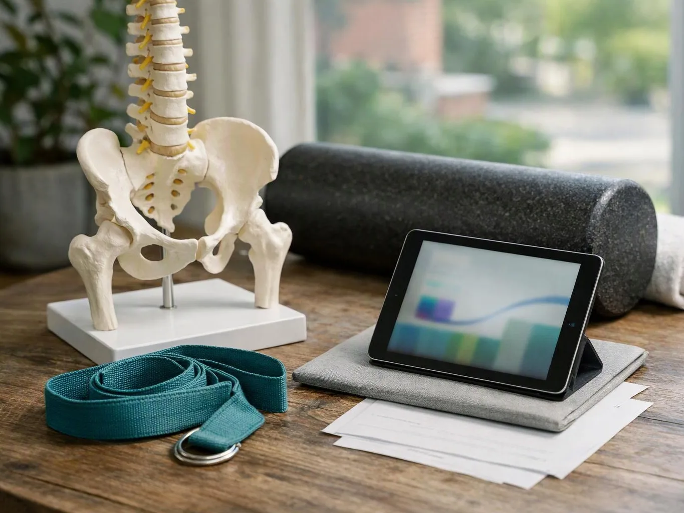 A spine model, foam roller, resistance band, tablet, and papers sit on a wooden table by a bright window
