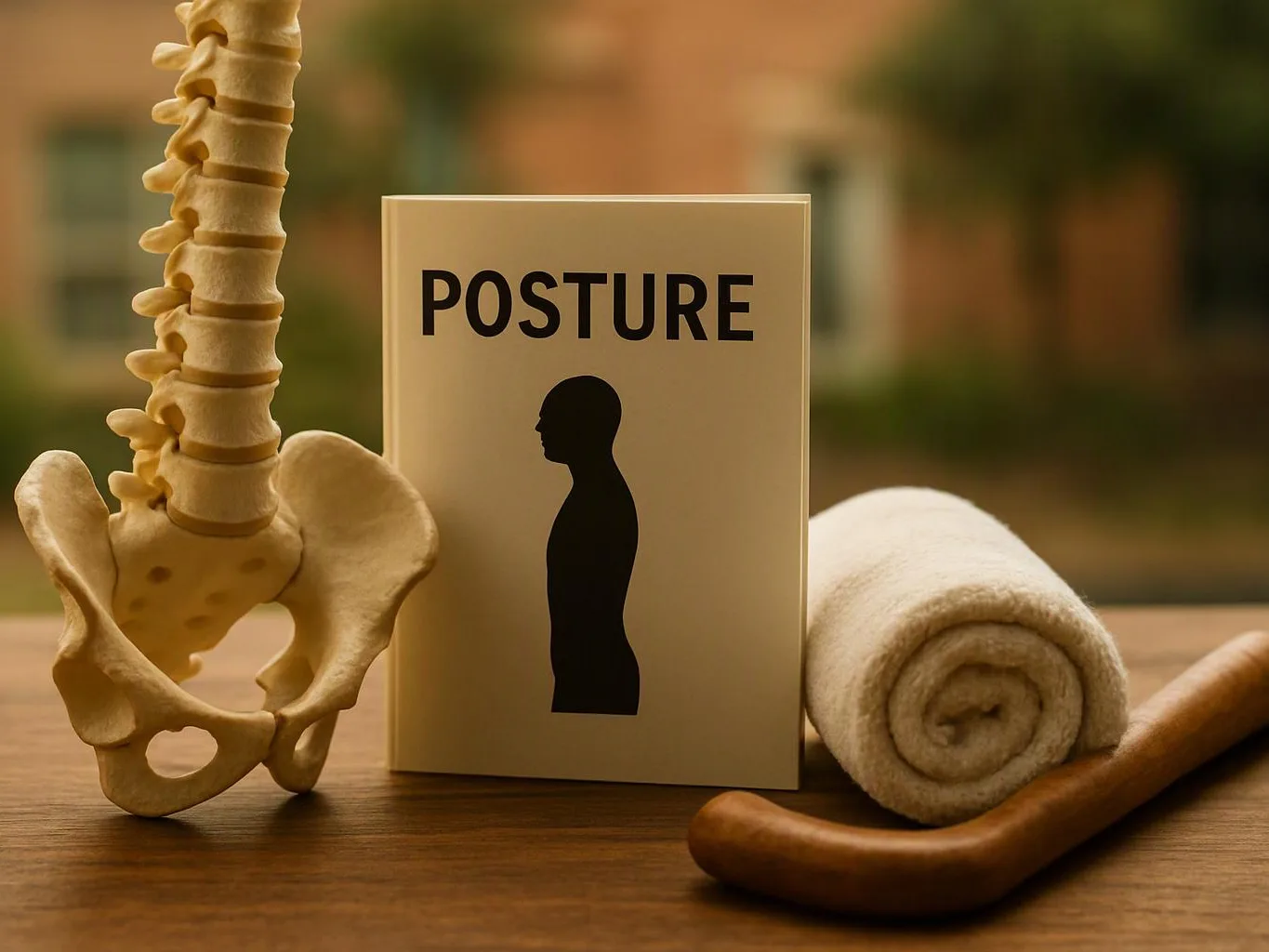 A spine model, a posture booklet, a rolled towel, and a wooden cane rest on a table outdoors