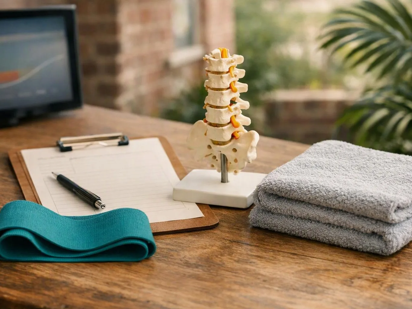 A spine model sits on a desk beside a clipboard, pen, folded towel, and exercise band
