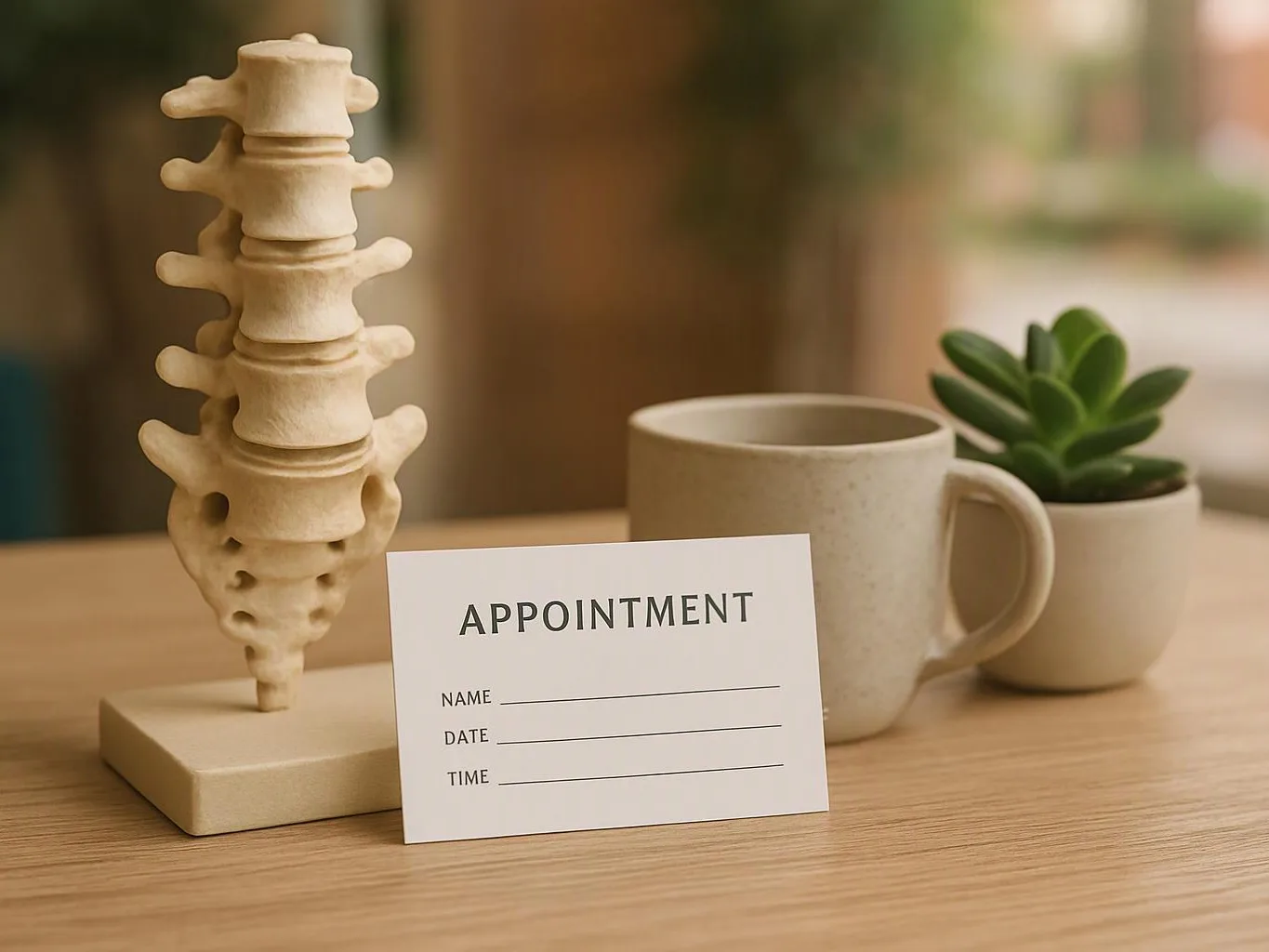 A spine model stands beside an appointment card, a mug, and a small potted plant on a wooden table