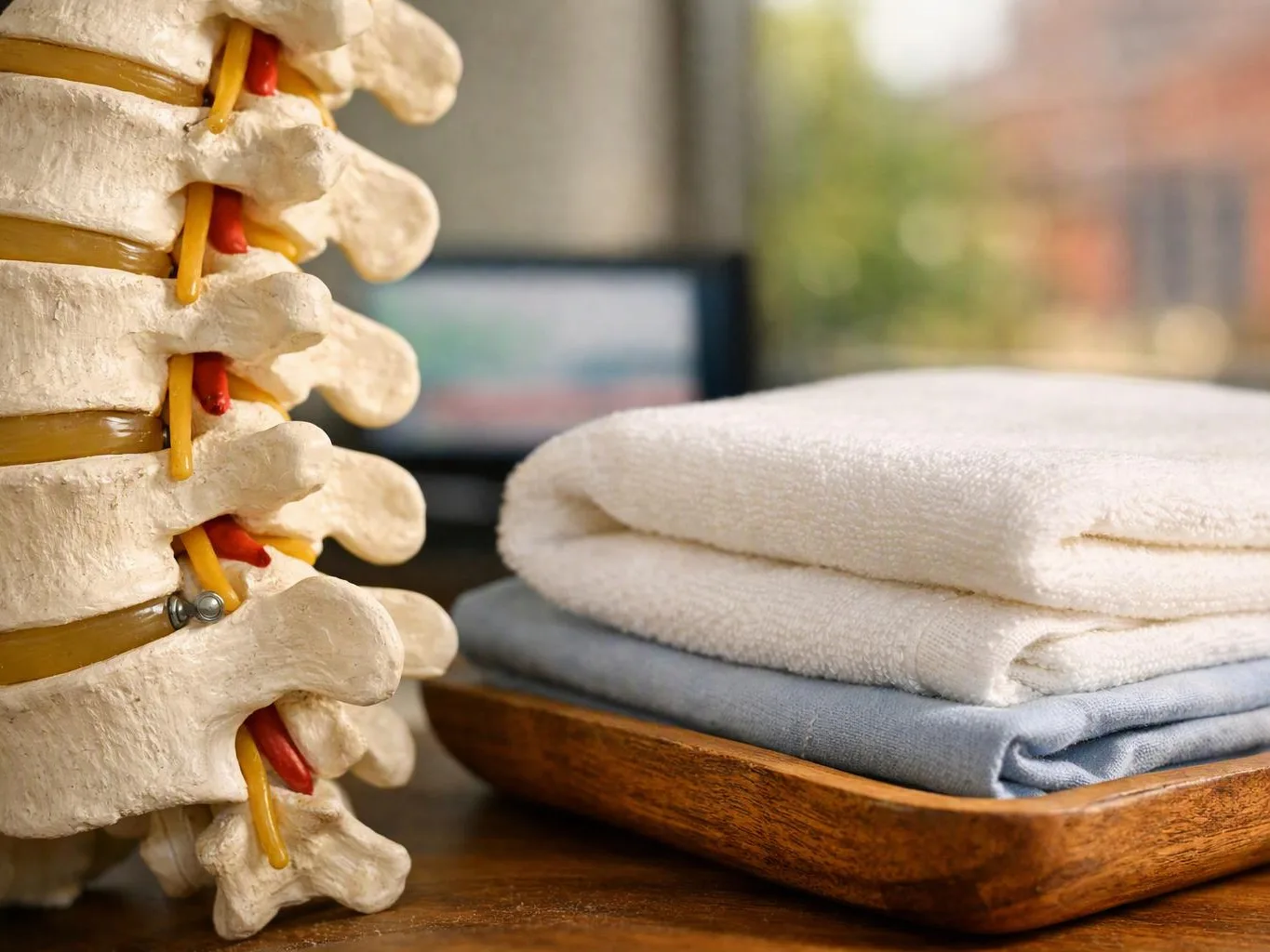 A spine model stands beside folded towels on a wooden tray in a bright indoor setting