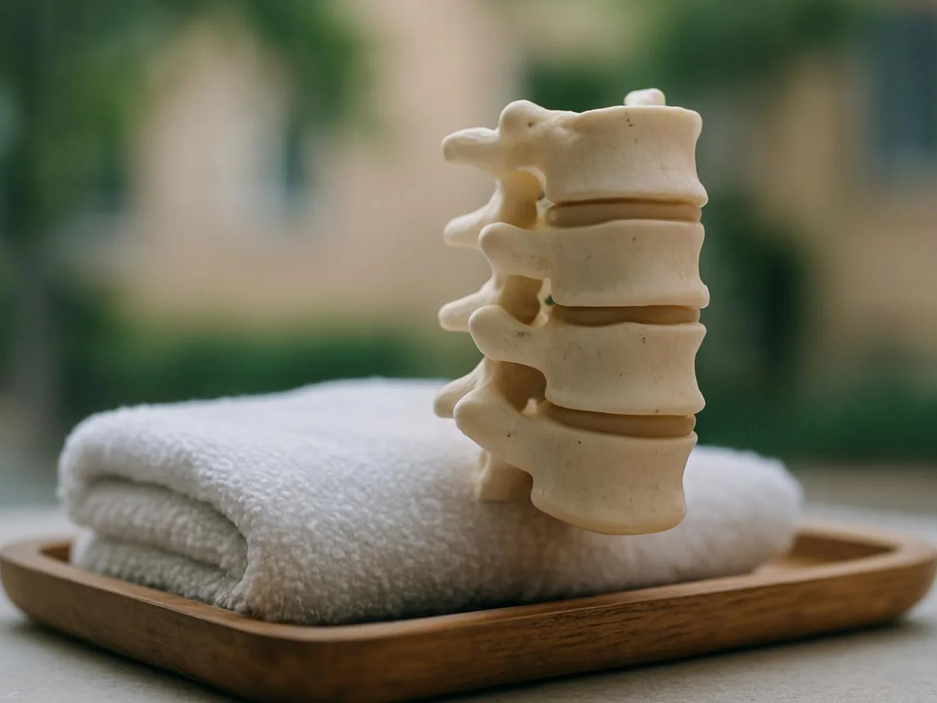 A spine model stands beside a folded white towel on a wooden tray outdoors