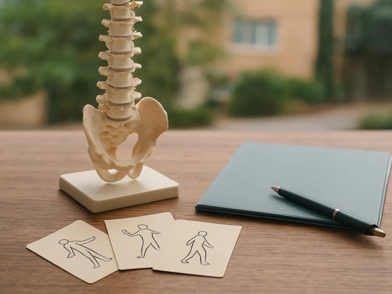 A spine model stands beside sketch cards, a blue notebook, and a pen on a wooden table