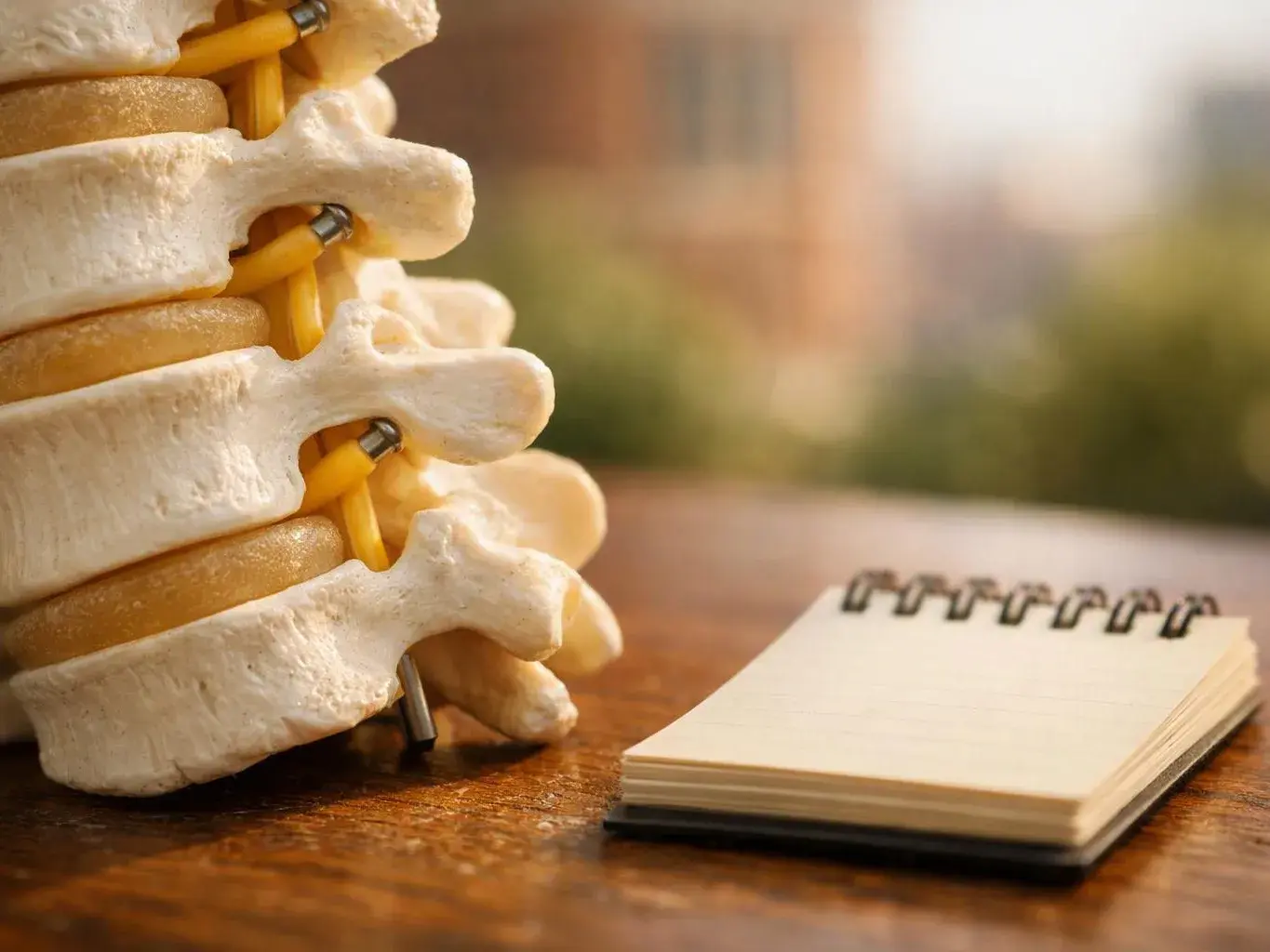 A spine model stands beside a small spiral notepad on a wooden table, with a blurred background