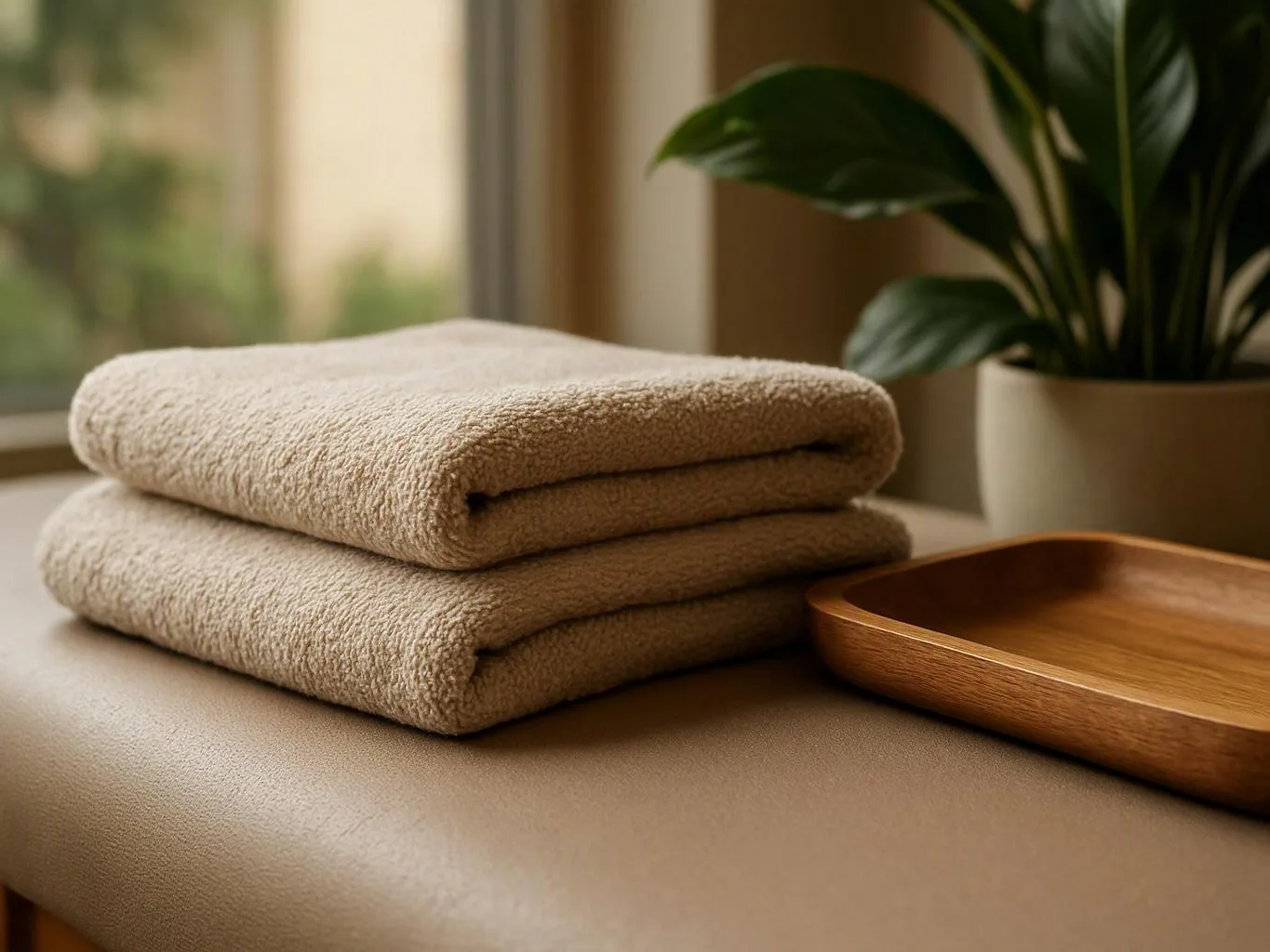 Stacked beige towels sit beside a wooden tray and potted plant on a sunlit surface