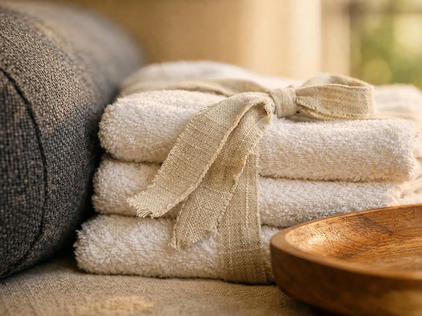 Stacked white towels tied with a beige ribbon sit beside a dark cushion and wooden bowl