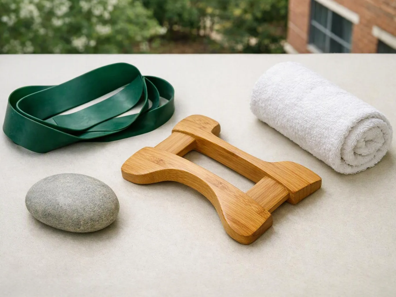 A stone, wooden hanger, green strap, and rolled white towel rest on a tabletop outdoors