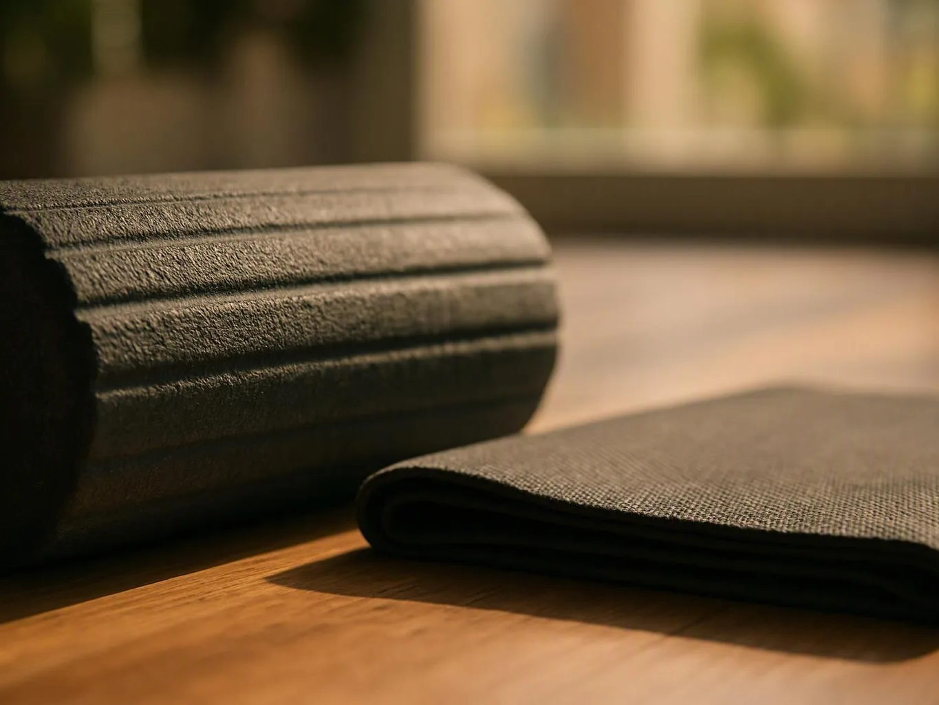 A textured black foam roller and a folded black mat rest on a wooden floor in warm light