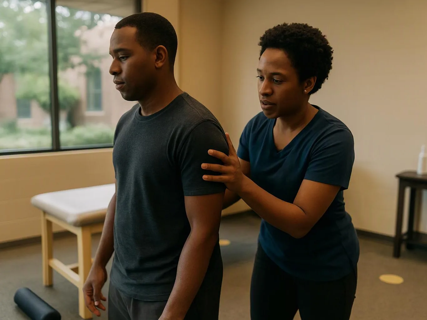 A therapist guides a man by his shoulder in a bright treatment room