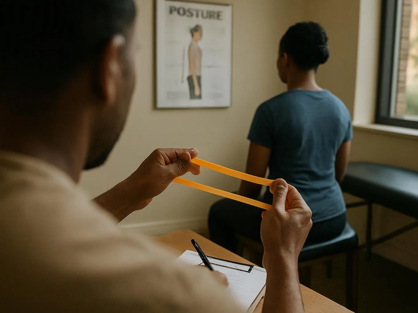 A therapist stretches an orange band while a seated woman faces a posture chart in a clinic room