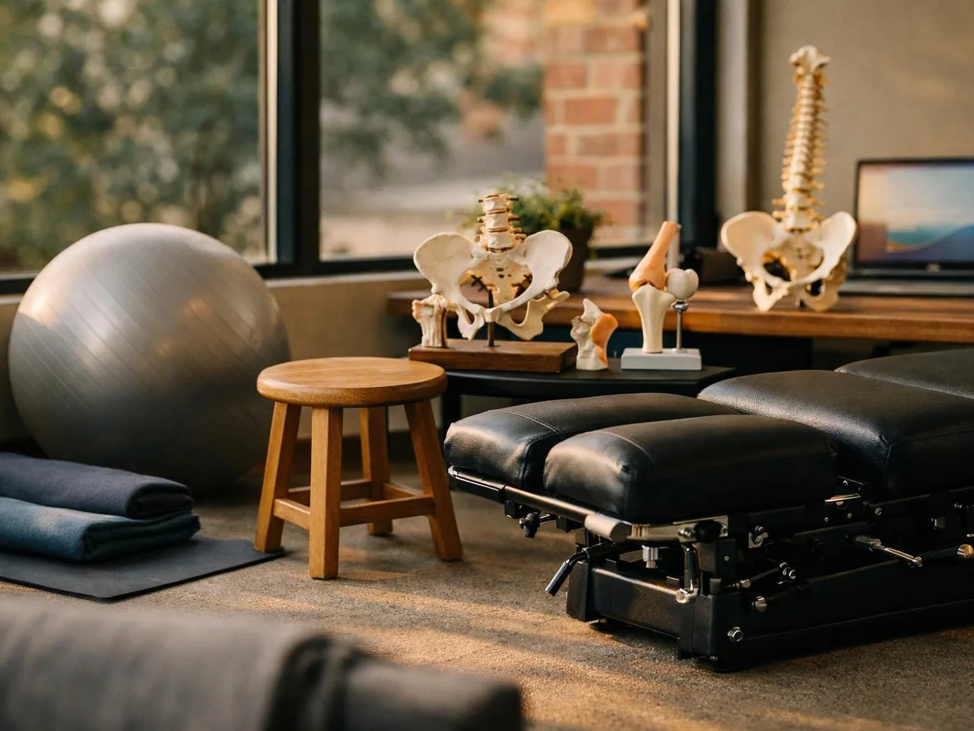 A therapy room shows anatomy models, a black treatment table, an exercise ball, a stool, and folded mats near a window