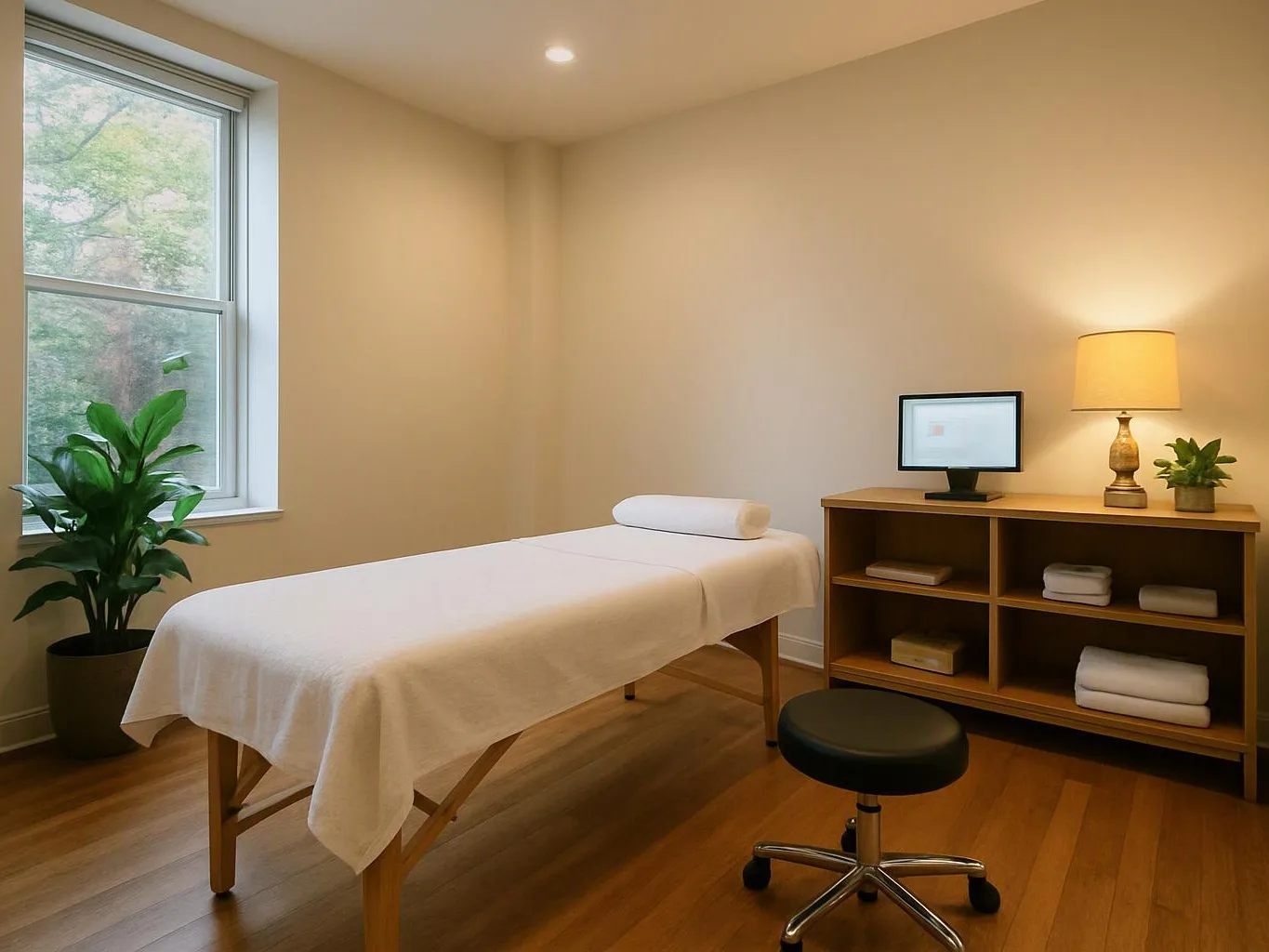 A tidy massage room shows a covered treatment table, a stool, a lamp, and folded towels by the wall