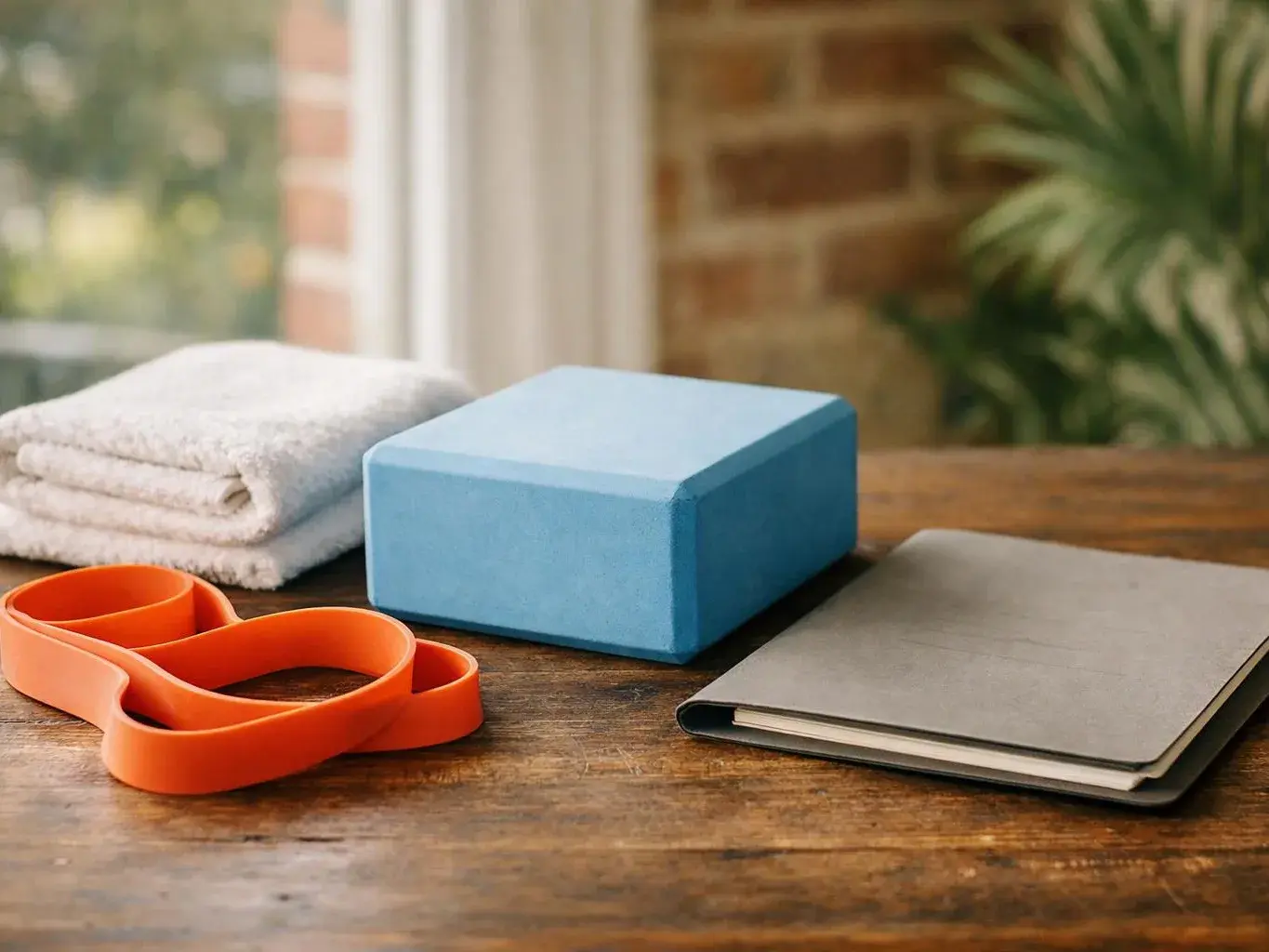 A towel, orange resistance band, blue yoga block, and gray notebook sit on a wooden table near a window