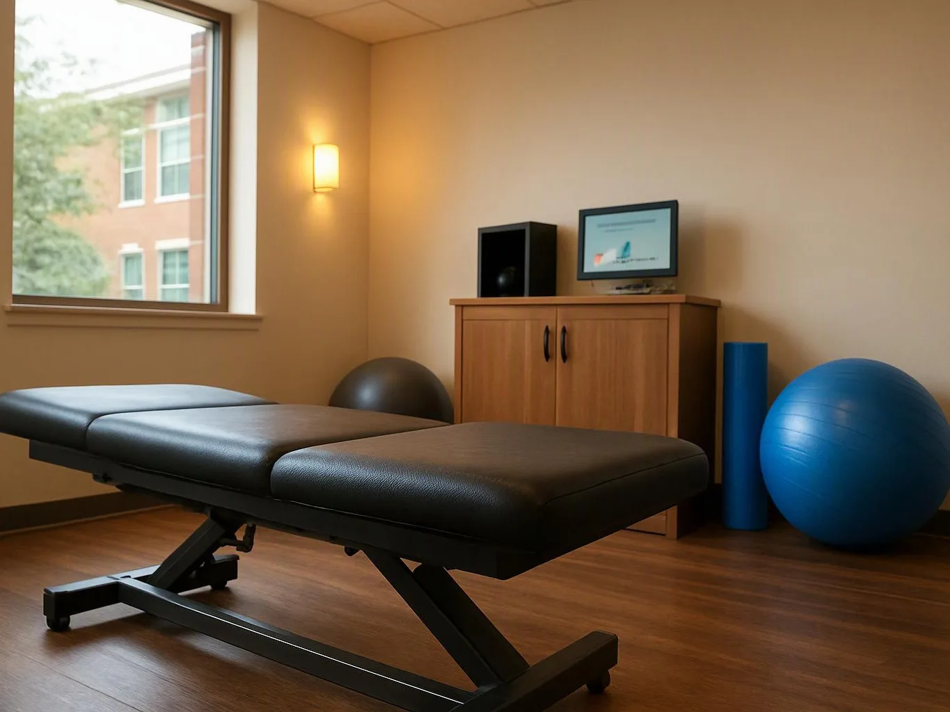 A treatment room holds a black exam table, exercise balls, a cabinet, and a small screen near a window