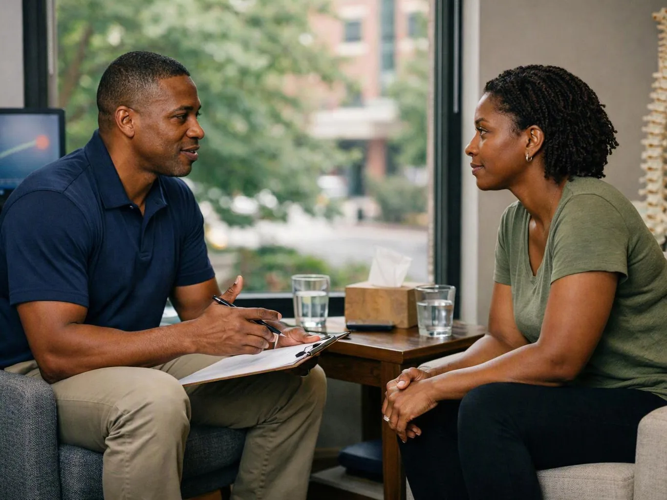 Two adults sit across a small table, talking while one takes notes in a bright room with a window