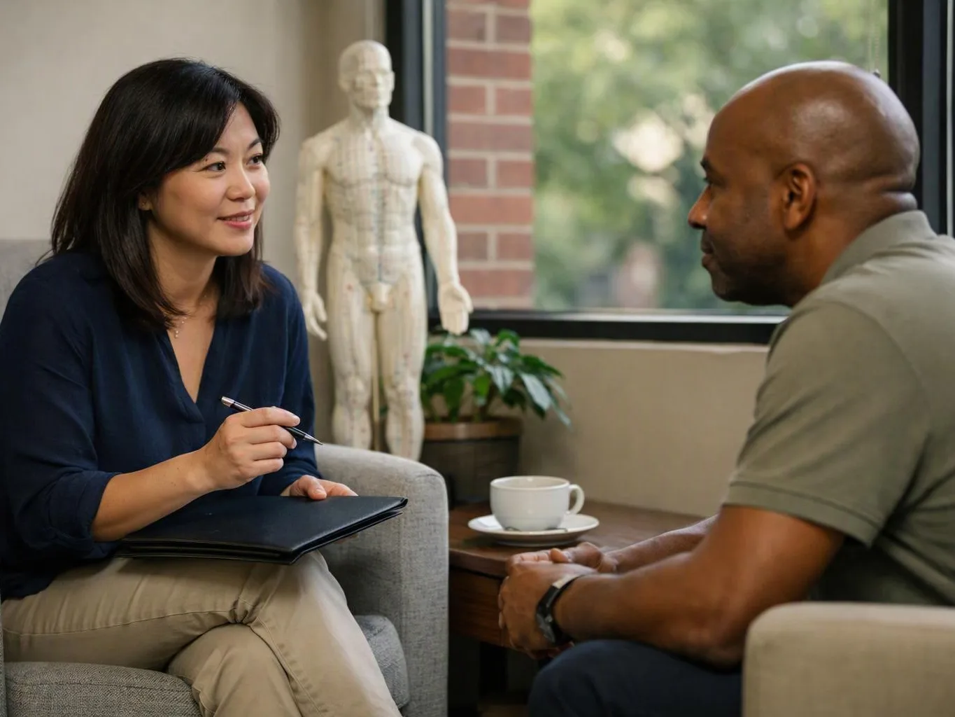 Two adults sit in a bright office, talking across a small table with a cup and a human anatomy model behind them