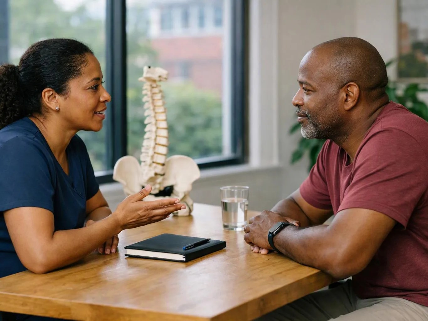 Two adults sit at a table talking, with a spine model, notebook, pen, and glass of water between them
