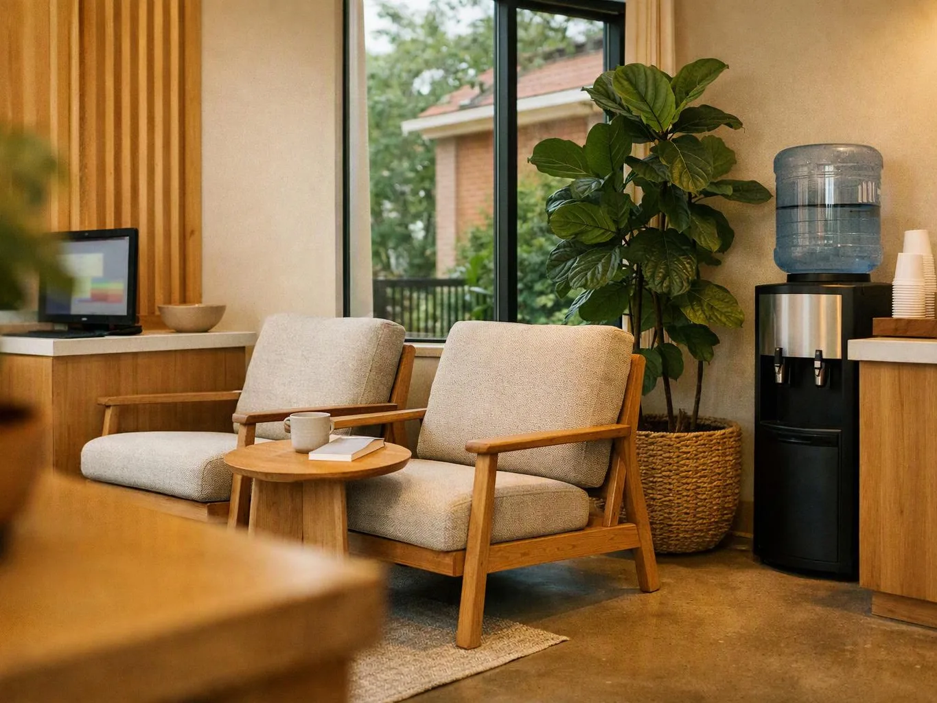 Two cushioned wooden chairs sit beside a small table in a bright lounge with a water cooler and potted plant