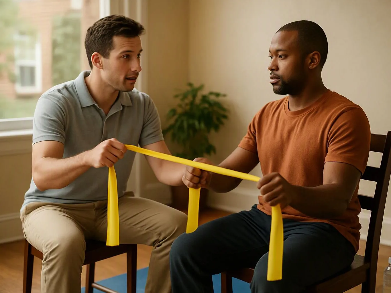 Two men sit on chairs and stretch a yellow resistance band between them in a bright room