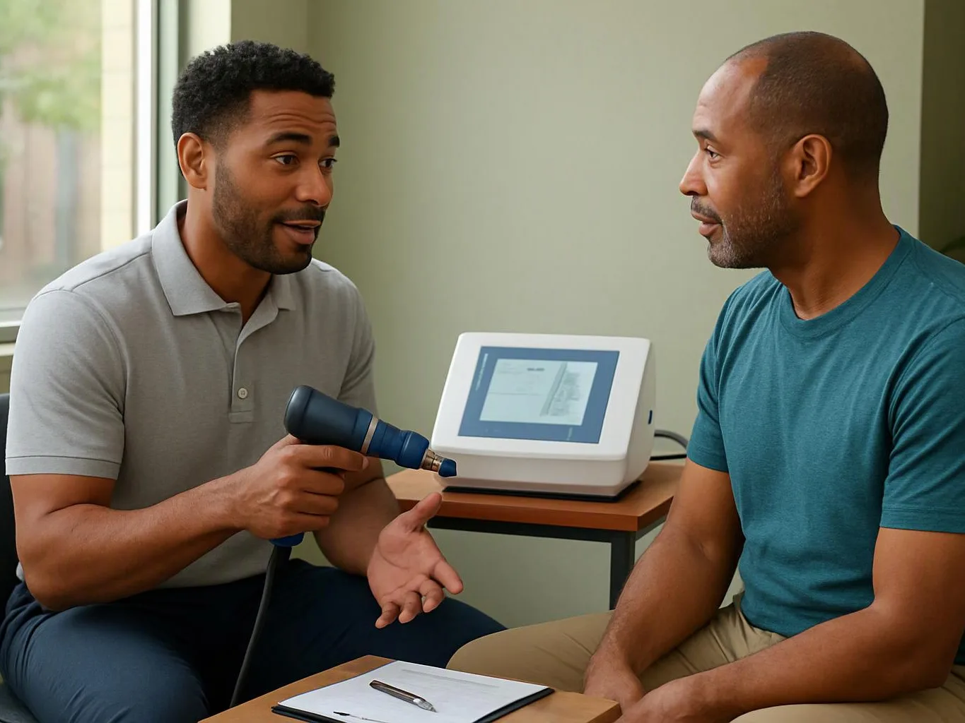 Two men sit facing each other in a clinic room while one holds a handheld medical device and speaks
