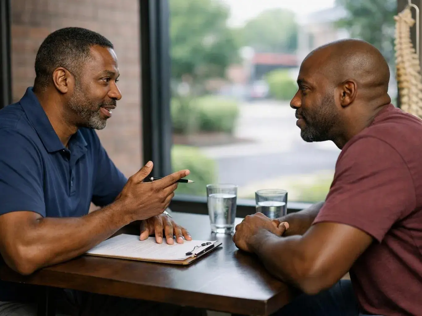 Two men sit at a table, talking beside glasses of water and a clipboard near a window