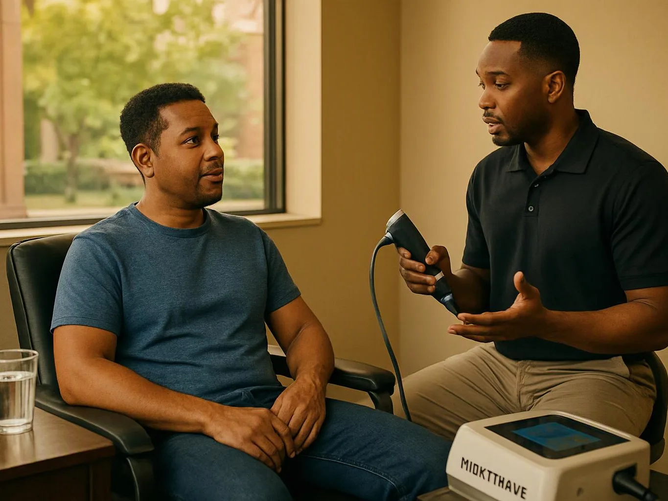 Two men talk in a room while one holds a handheld medical device beside a machine