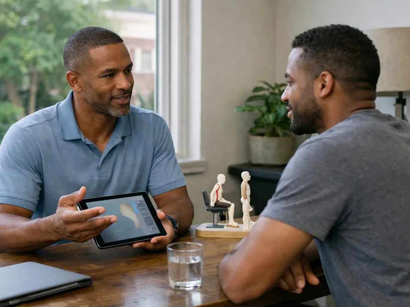 Two men talk at a table, one holding a tablet and small body models in a bright room