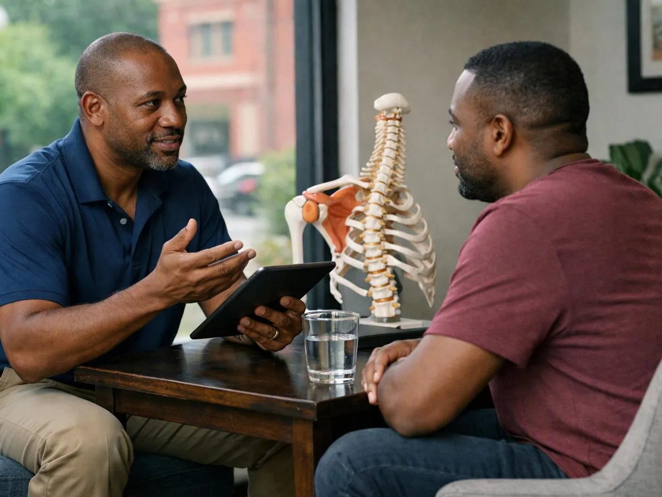 Two men talk at a table while one holds a tablet and a spine model stands between them