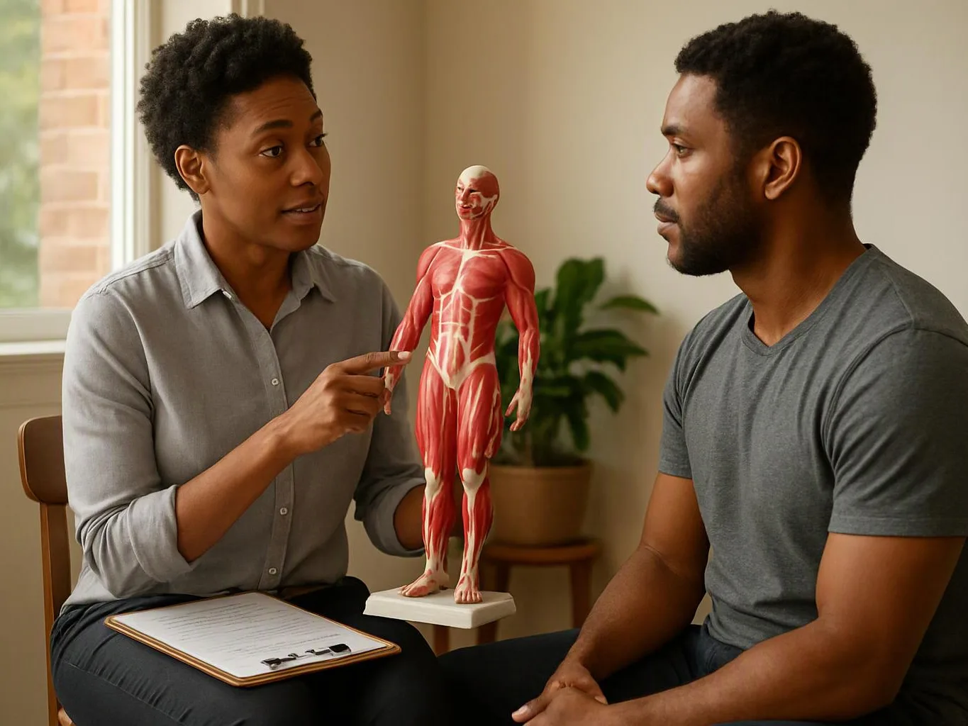 Two people discuss a muscle anatomy model in a bright room with a notebook on one lap