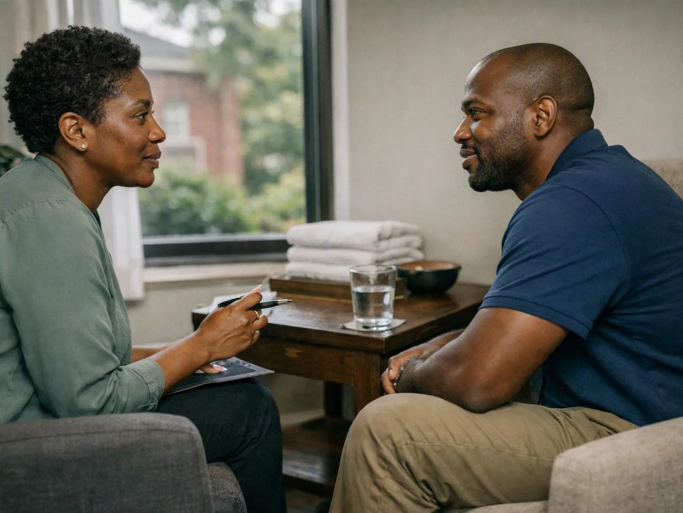 Two people sit facing each other in a calm room, talking beside a table with folded towels and a glass of water