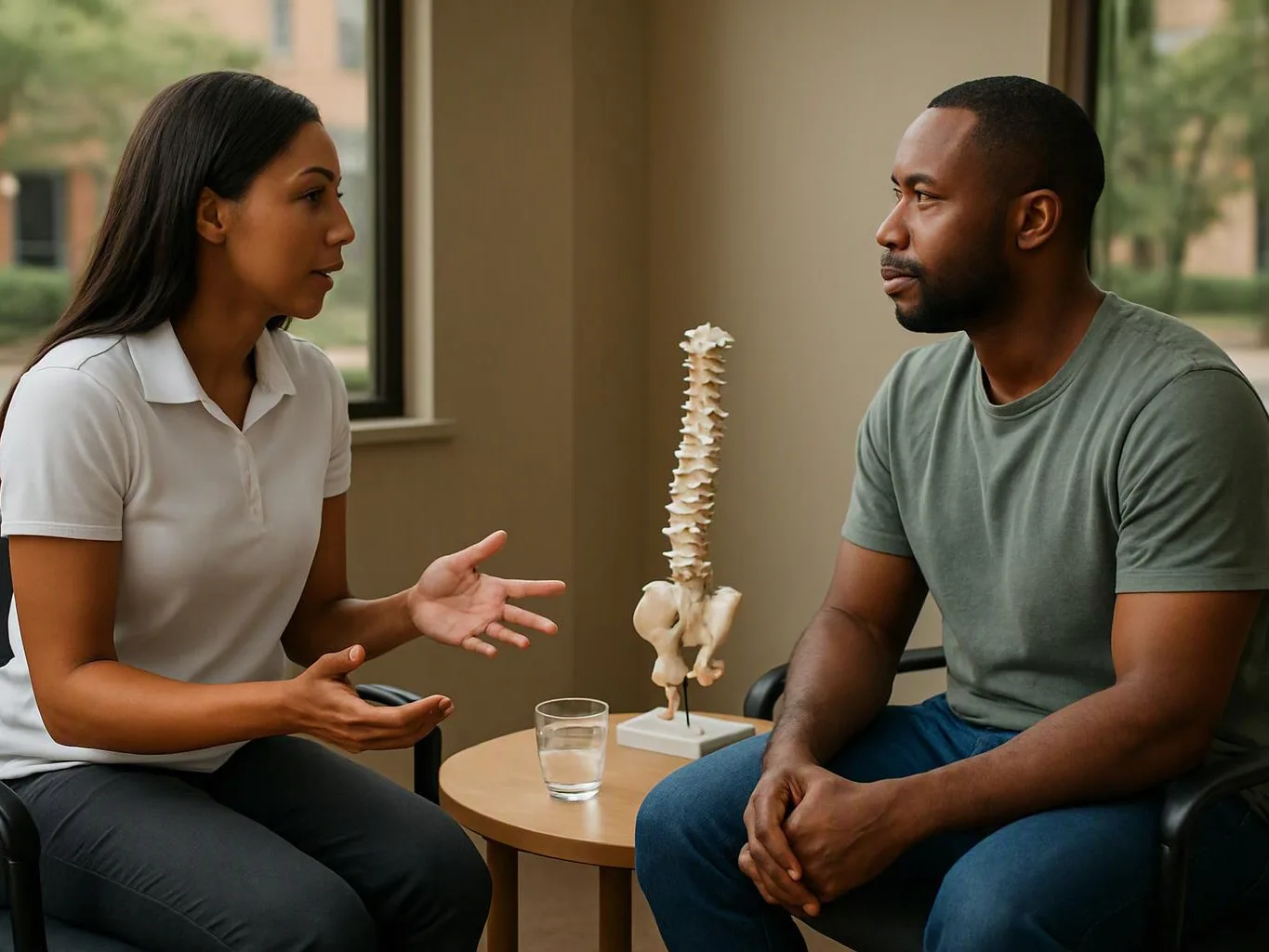 Two people sit facing each other in a room, talking beside a small table with a glass and a spine model
