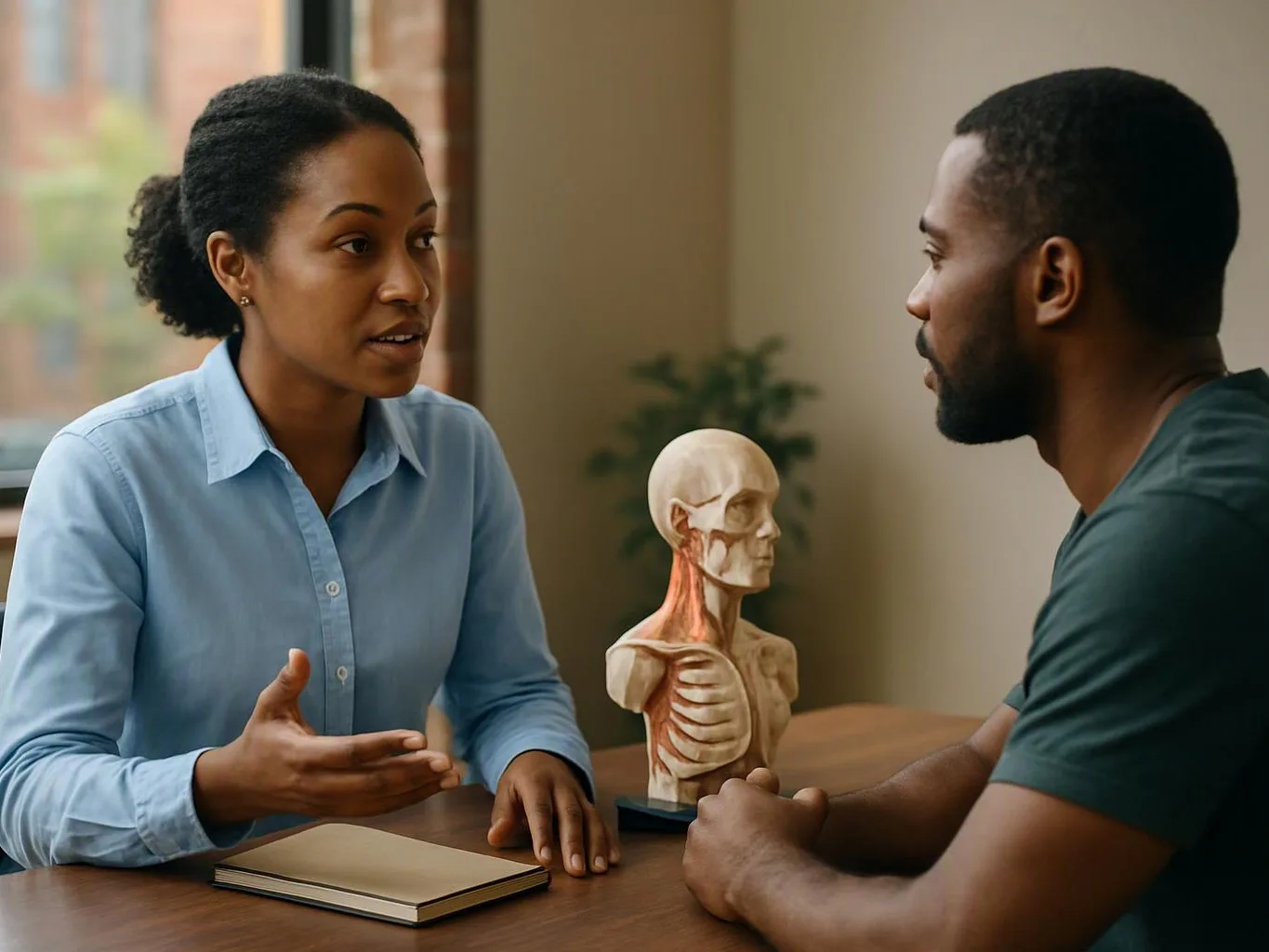 Two people sit at a table discussing a human anatomy model in a bright room