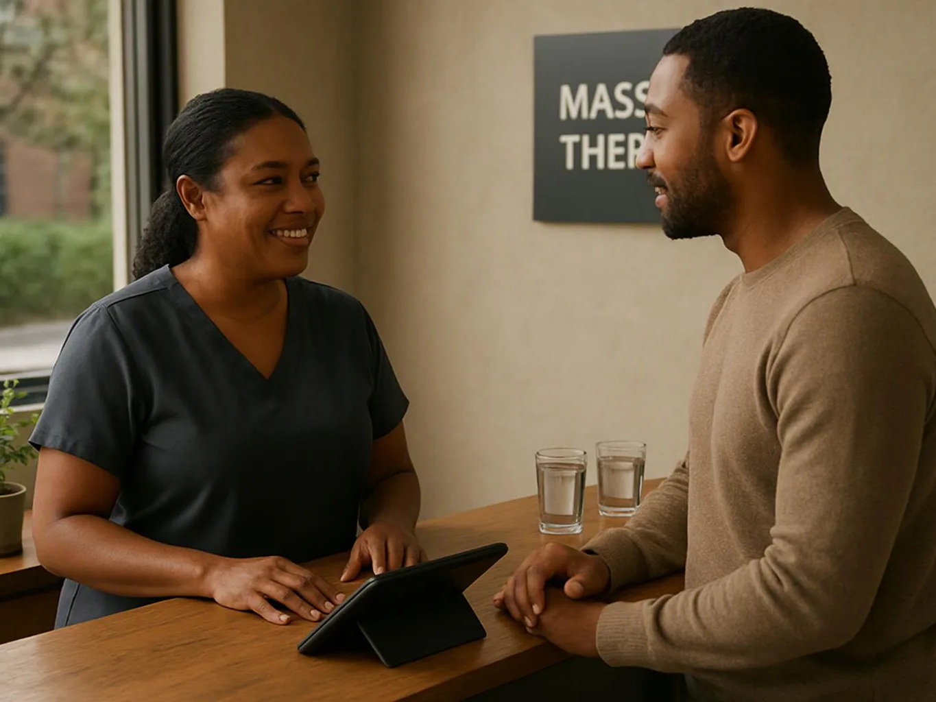 Two people smile and talk across a wooden counter beside a tablet and two glasses, with a therapy sign behind them