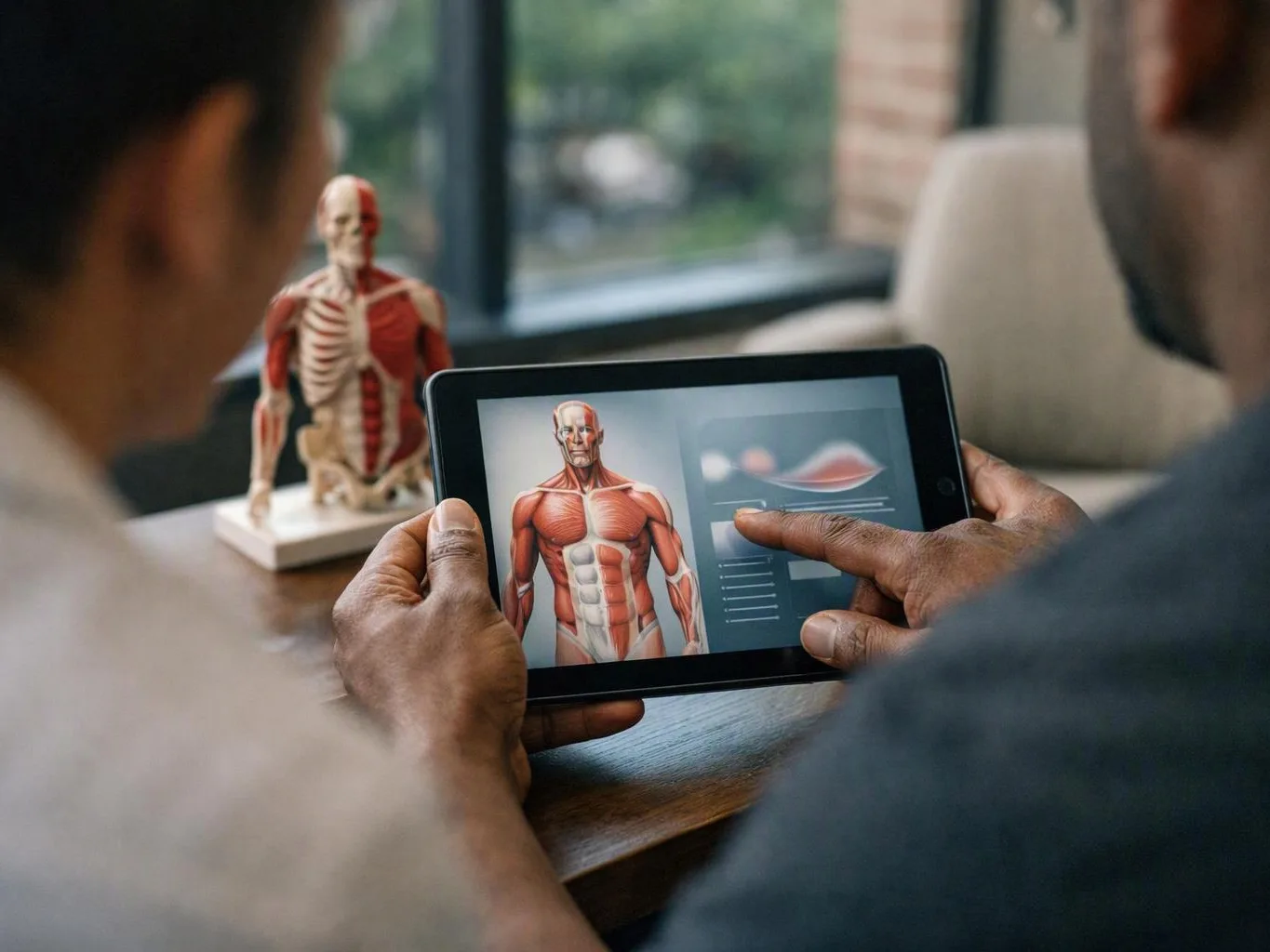 Two people study an anatomy app on a tablet beside a muscle model in a room