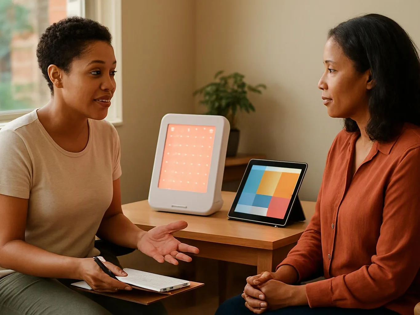 Two women sit facing each other in a calm room, talking beside two glowing devices on a small table